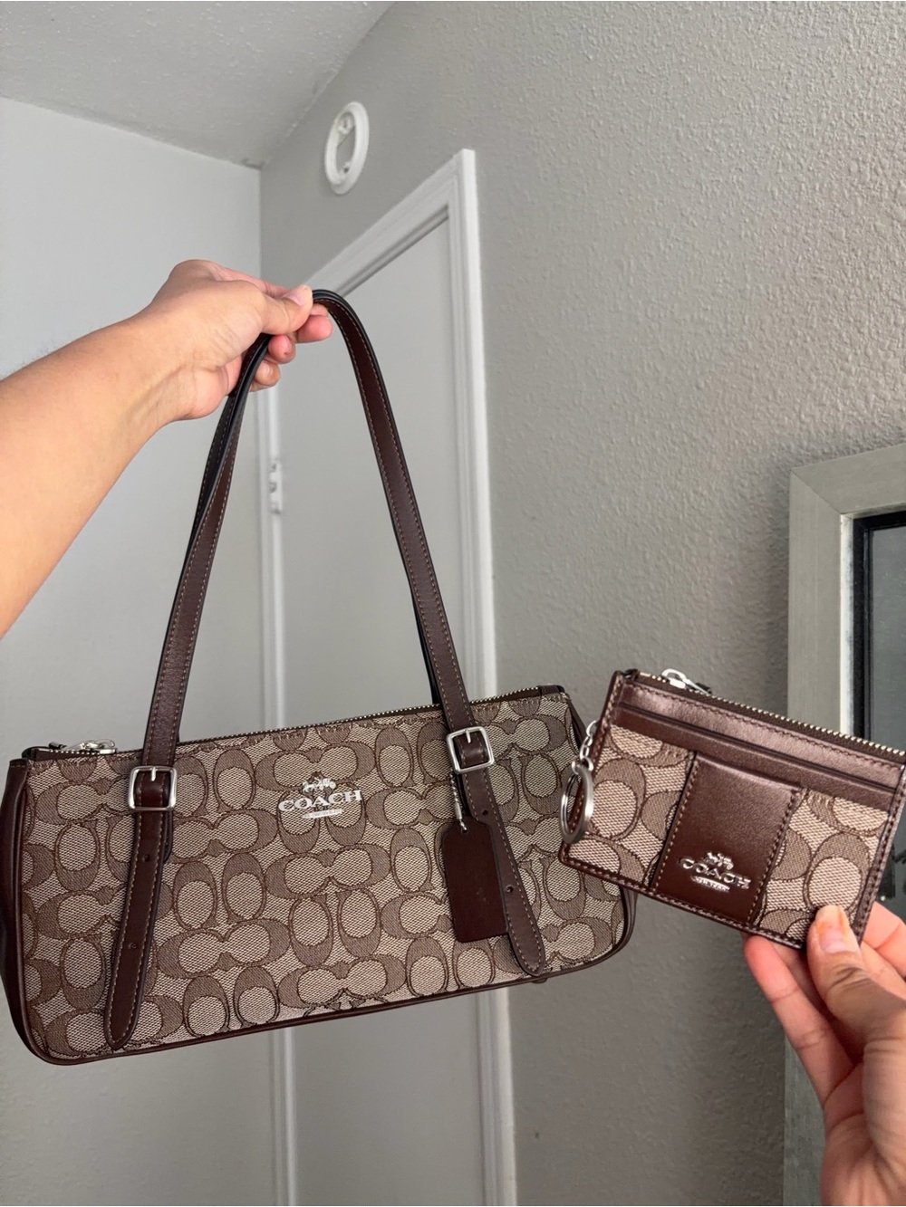Coach Asher Brown Signature Canvas Shoulder Bag with Matching Card Holder